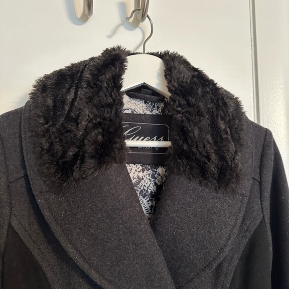 GUESS wool coat jacket faux fur collar two way button down - Picture 15 of 16
